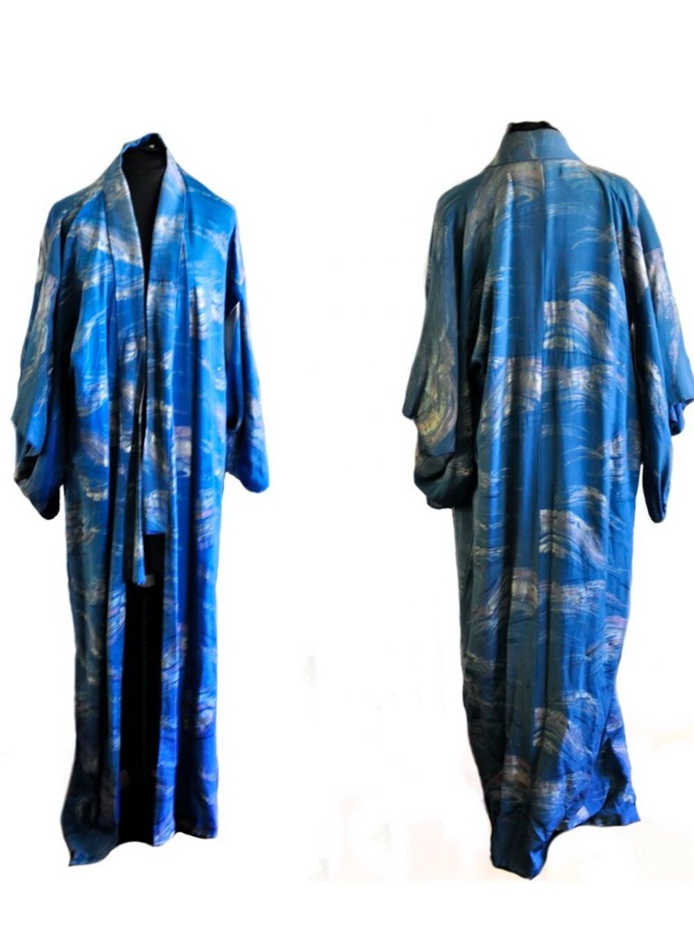 Vtg Blue Urushi Lame Kimono 62 Inch Long Beautiful Japanese Robe Dressing Gown